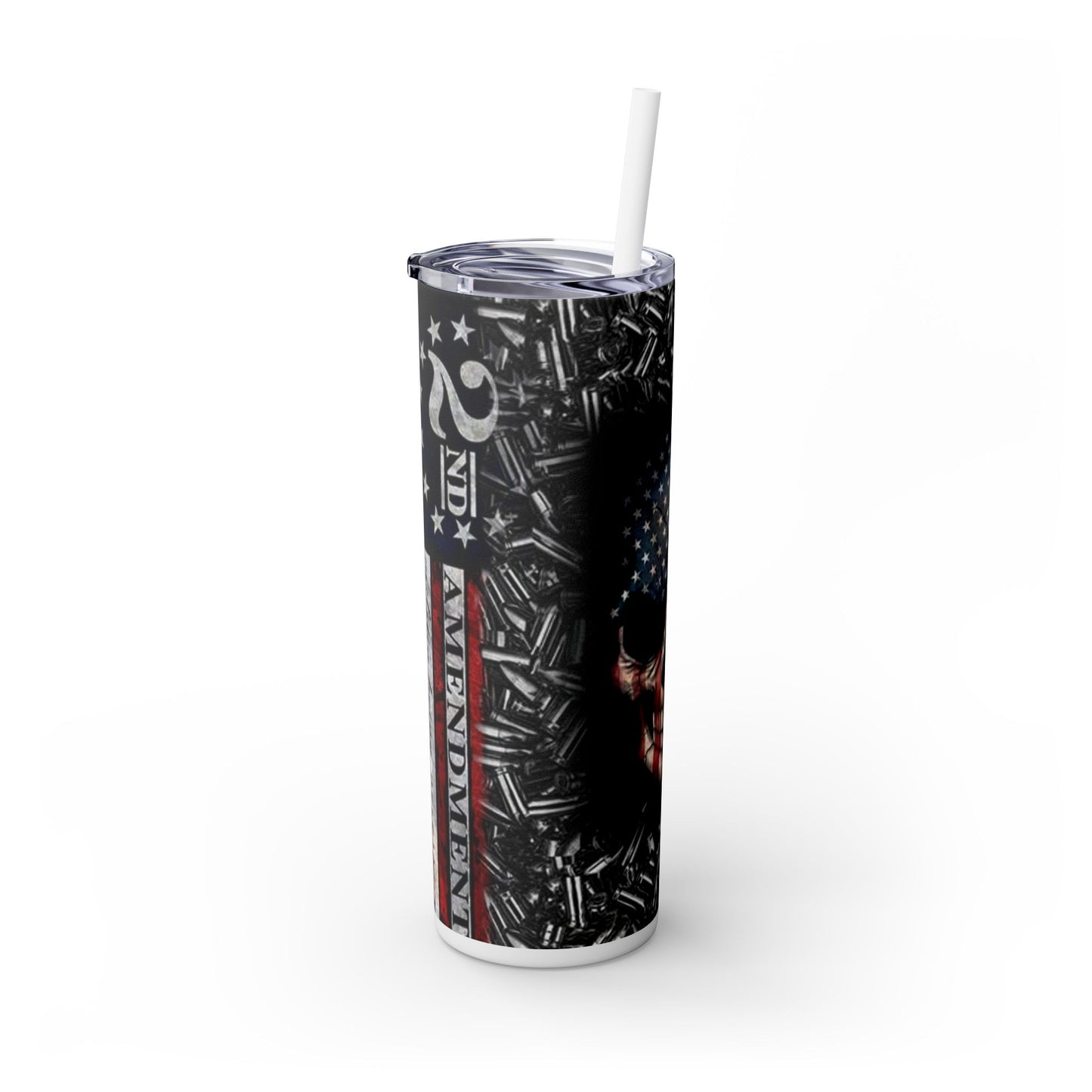 Patriotic Skull Skinny Tumbler with Straw | 20oz | Unique Drinkware for Veterans & Gun Enthusiasts