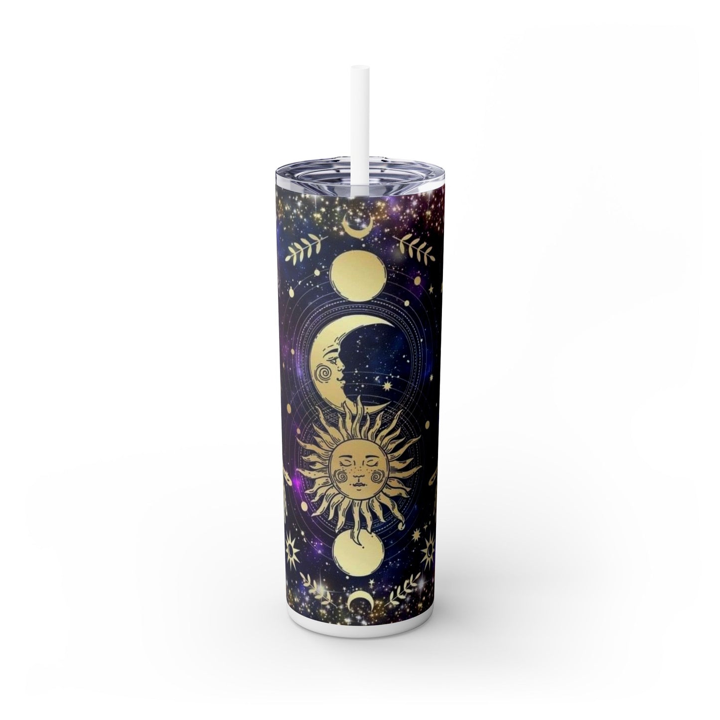 Cosmic Sun & Moon Skinny Tumbler with Straw, 20oz - Astrology-Inspired Travel Mug for Nature Lovers