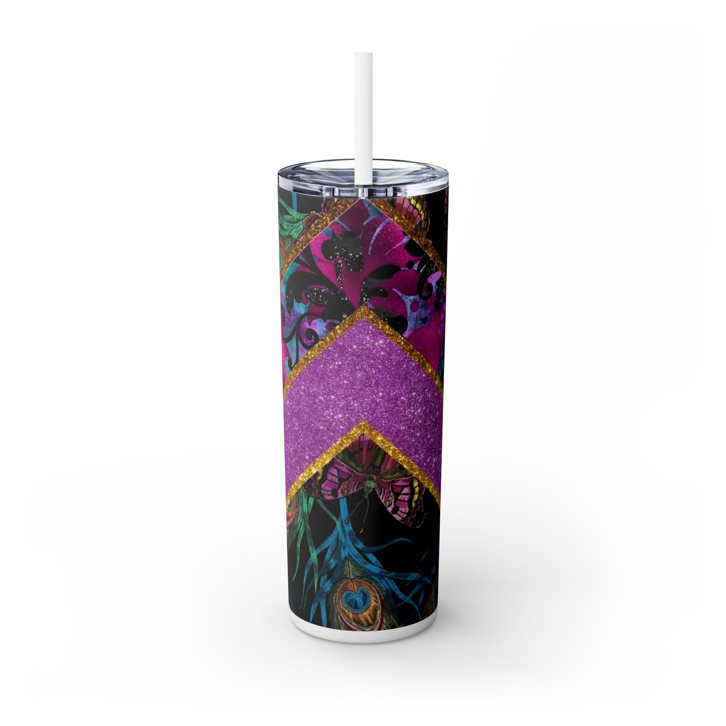 Glamorous Skinny Tumbler with Straw - 20oz Glitter & Butterfly Design