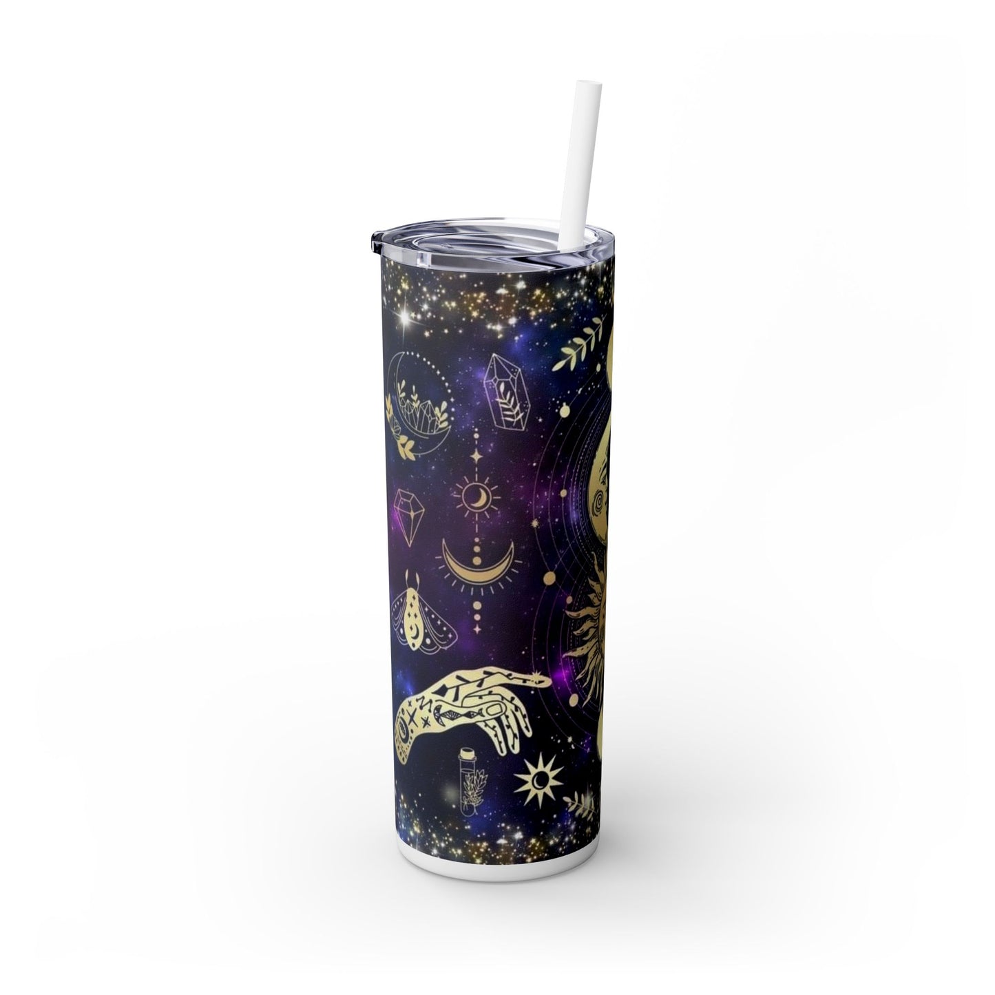 Cosmic Sun & Moon Skinny Tumbler with Straw, 20oz - Astrology-Inspired Travel Mug for Nature Lovers