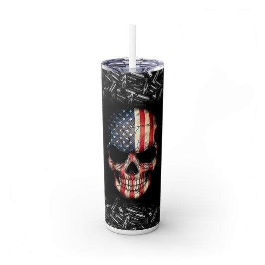 Patriotic Skull Skinny Tumbler with Straw | 20oz | Unique Drinkware for Veterans & Gun Enthusiasts
